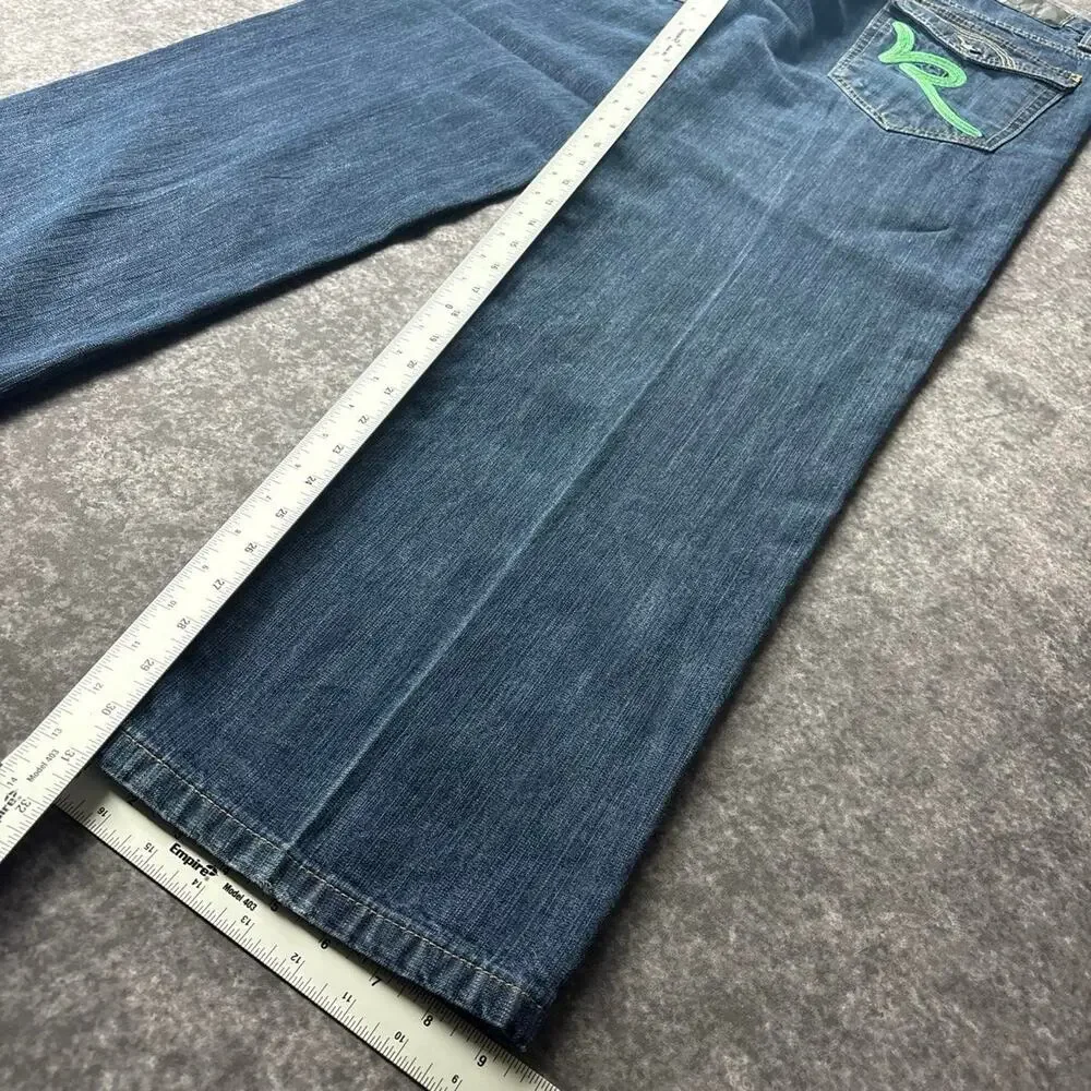 Vintage Rocawear Men’s 34 Blue Y2K Baggy Embroidered Denim Jeans Green Logo
